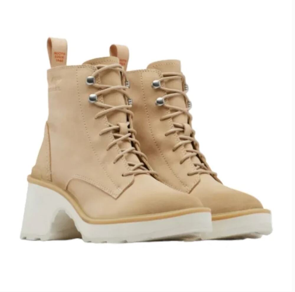 NWT Sorel Hi-Line Lace Up Chunky Heel Boots 7.5 Suede Tan Ankle Booties